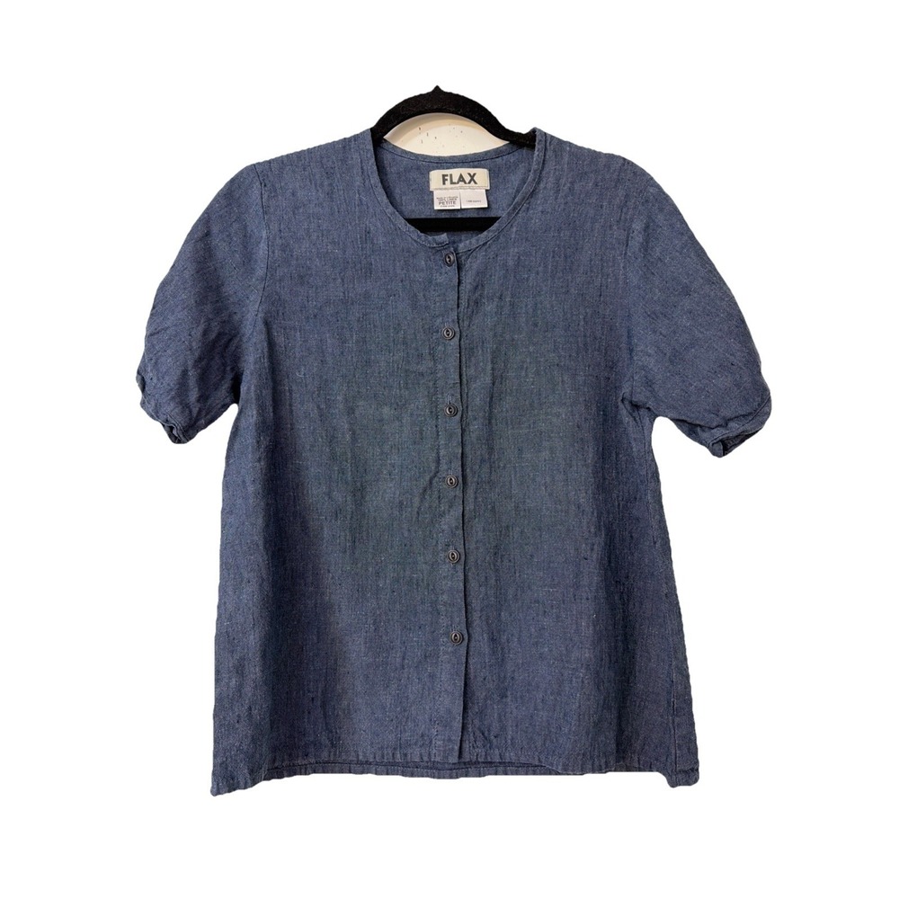 Flax Button Front Linen Shirt Top Blouse Lagenlook  Chambray Blue Sp Boho